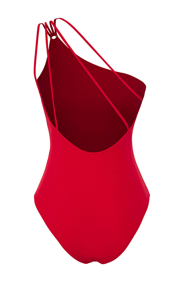 Czerwony kostium kąpielowy z dekoltem na plecach i jednym ramiączkiem TBESS25MA00036 - 6