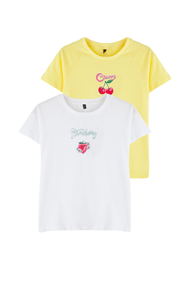 Beyaz-Sarı 2'li Kız Çocuk %100 Pamuk Meyve Baskılı Kısa Kol Örme T-Shirt TKDSS25TS00095 - 1