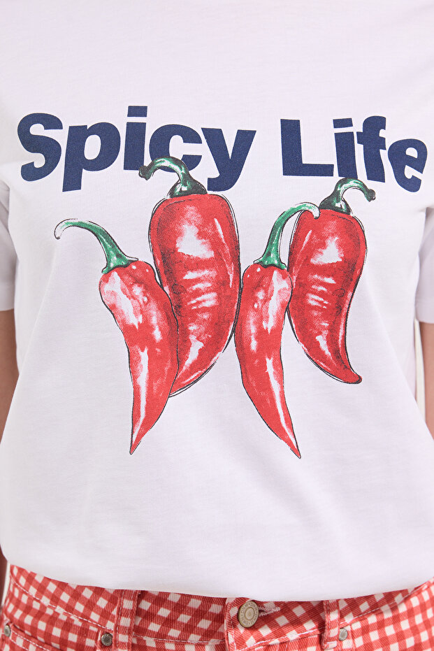 Beyaz Kalın Pamuklu Biber Baskılı Regular/Normal Kalıp Örme T-Shirt TWOSS25TS00203 - 3