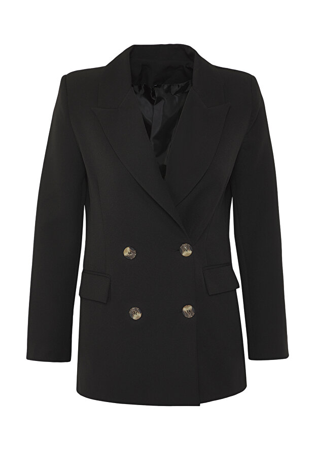 Siyah Oversize Astarlı Kruvaze Kapama Dokuma Blazer Ceket TWOAW21CE0145 - 10