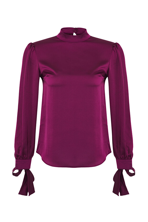 Satynowa tkana bluzka - kolor śliwkowy, wiązanie szczegółowe TOFAW19FG0082 - 7