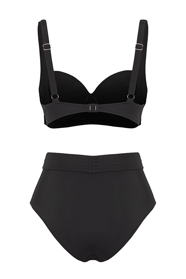 Siyah Nervürlü Balconette Kaplı Hipster Yüksek Bel Bikini Takımı TBESS25BT00143 - 6