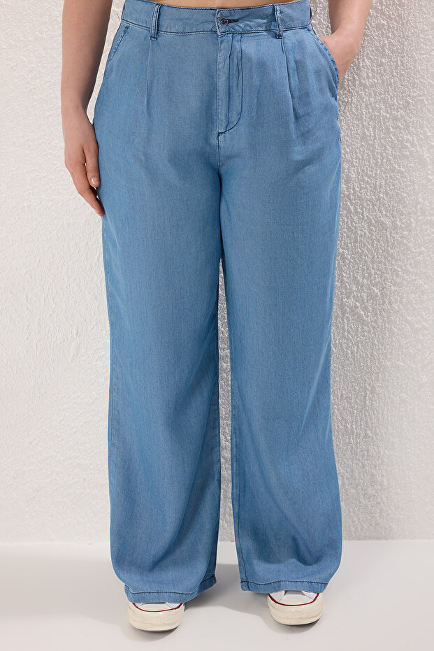 Mavi Yüksek Bel Geniş Paça İnce/Yazlık Tencel Büyük Beden Wide Leg Jeans TBBSS25CJ00022 - 3