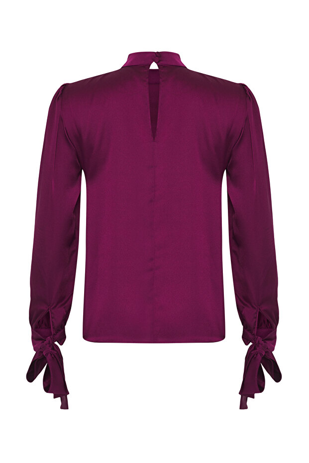 Satynowa tkana bluzka - kolor śliwkowy, wiązanie szczegółowe TOFAW19FG0082 - 8