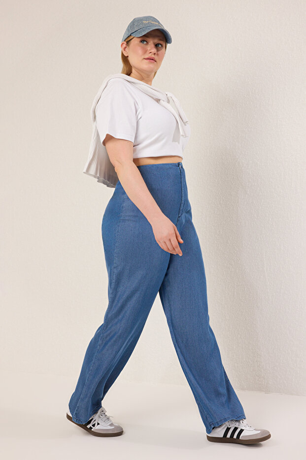 Koyu Mavi Yüksek Bel Geniş Paça Yazlık Tencel Büyük Beden Wide Leg Jeans TBBSS25CJ00021 - 2