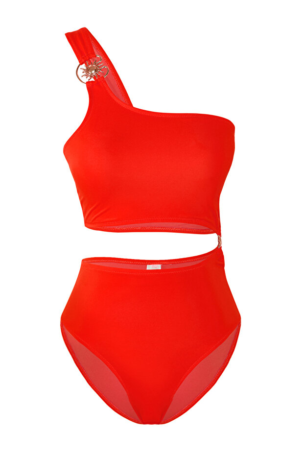 Mercan Tek Omuz Döküm Aksesuarlı Cut Out Detaylı Regular Mayokini TBESS25MA00046 - 5
