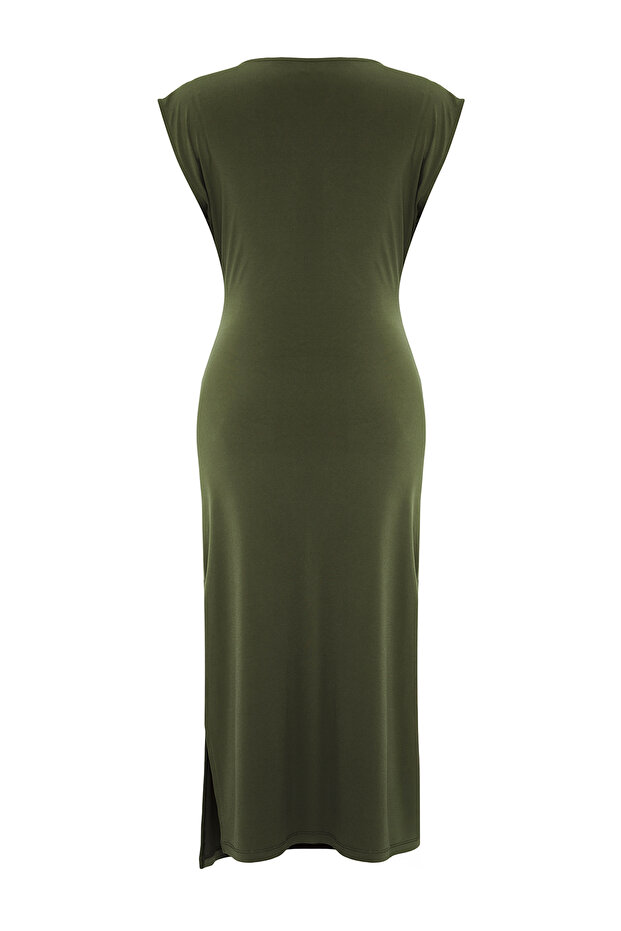 Haki Düz Büzgü / Drape Midi Büzgü Drape Detaylı Kruvaze Yaka Örme Elbise TWOSS25EL00098 - 7