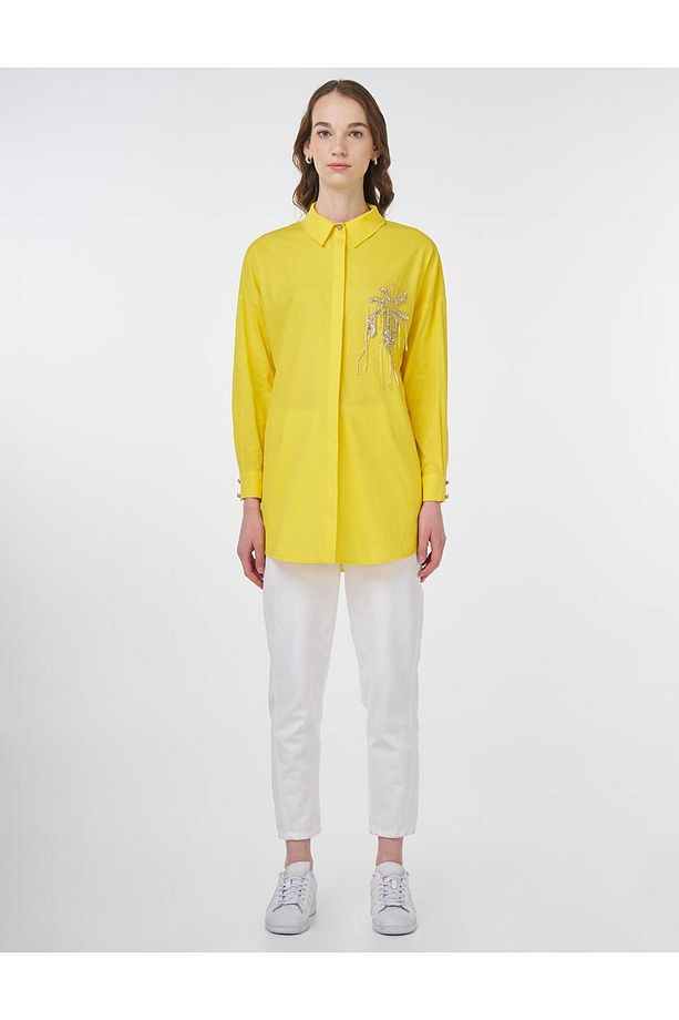 Taş İşlemeli Poplin Tunik Sarı - 3