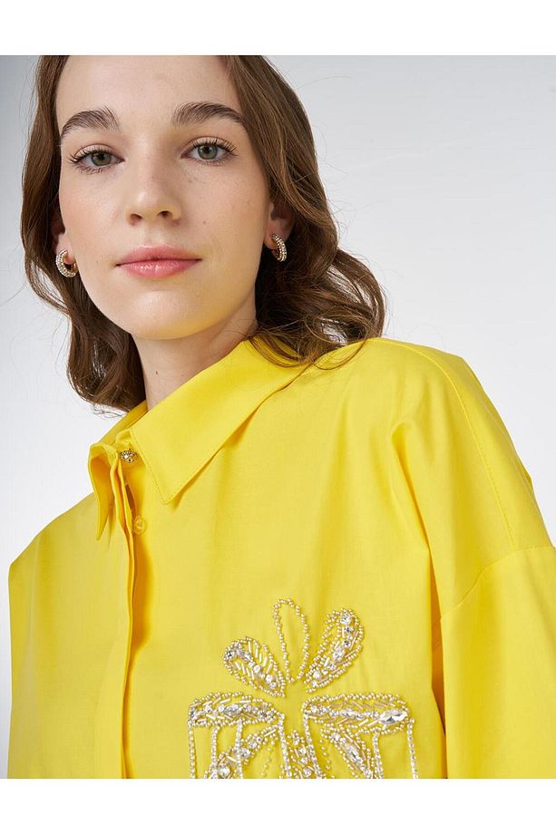 Taş İşlemeli Poplin Tunik Sarı - 7