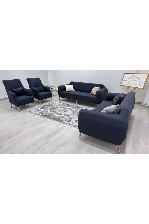 Likrali Koltuk Örtüsü 3+2+1+1 . Koltuk Kılıfı Lastikli Esnek Yikanabilir Kare Desen Berjer Antrasit - 4