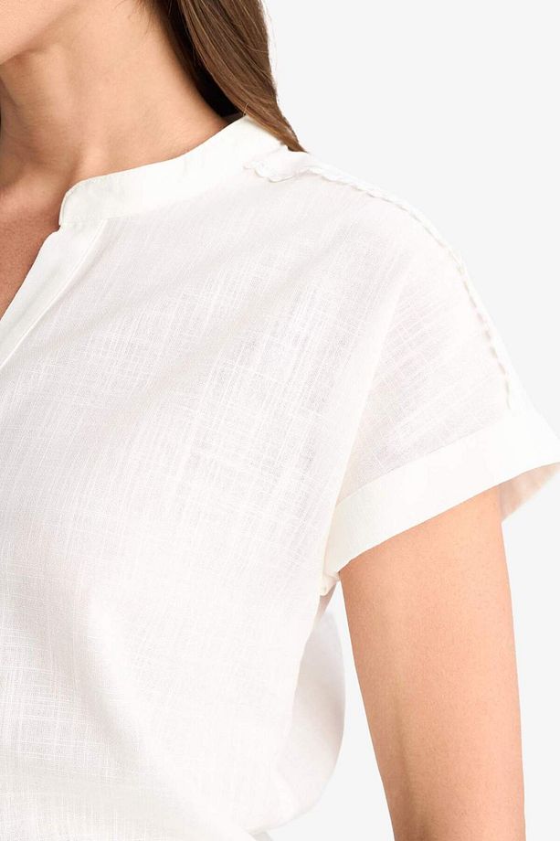 Regular Fit Apaş Yaka Flamlı Pamuk Kısa Kollu Bluz F1635AX25SM - 5
