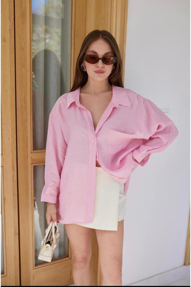 Women's Pink Single Pocket Detailed Off-Shoulder Oversize Shirt