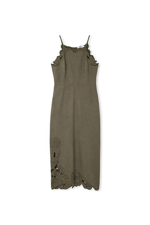 İşlemeli halter yaka elbise - 3