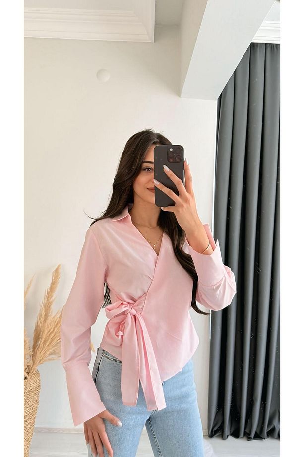 Ruffle Pembe Kruvaze Bağlamalı Gömlek - 1