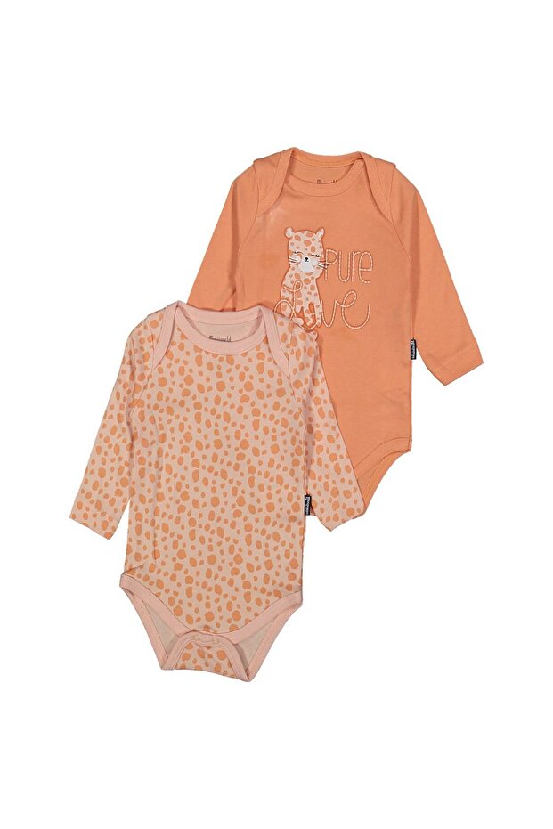 Orange Cat Printed - Leopard Patterned Baby Girl Bodysuit Set of 2
