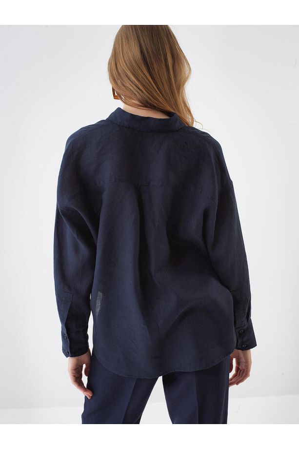 Kadın Lacivert Oversize Keten Basic Gömlek - 5