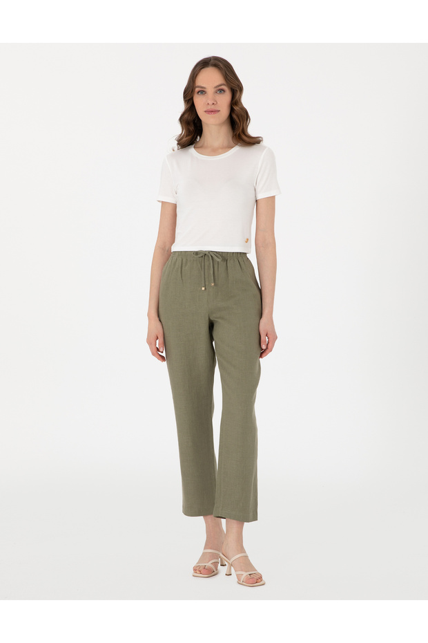 Khaki Carrot Fit Linen Trousers 50301256-Vr027