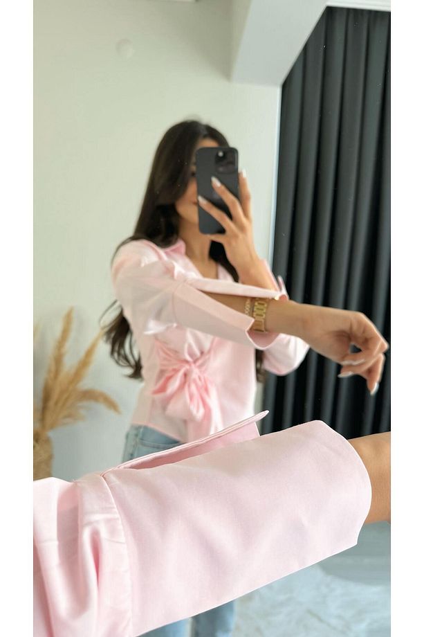 Ruffle Pembe Kruvaze Bağlamalı Gömlek - 3