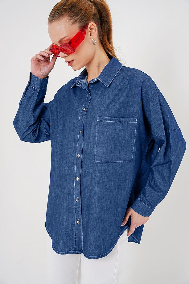 Kadın Oversize Kot Gömlek 20280 - Lacivert - 3