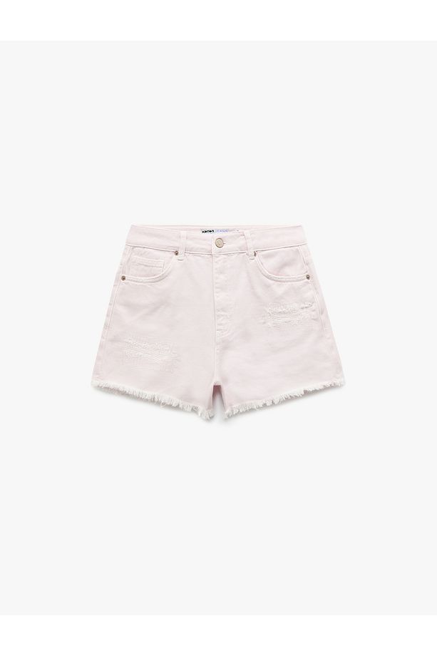 Normal Bel Pamuklu Cep Detaylı Saçaklı Paça Mini Jean Şort - 4