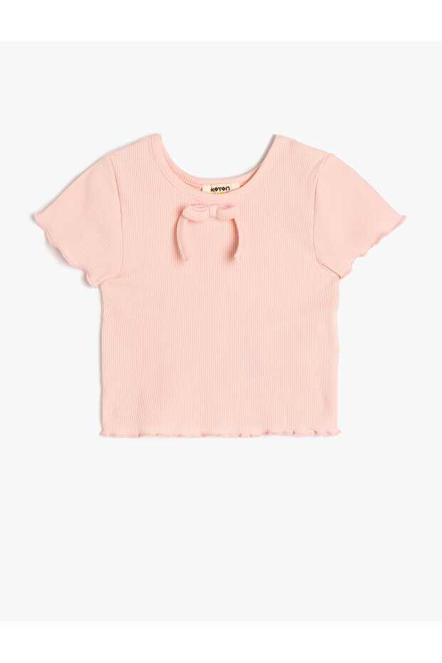 Bow Detailed Short Sleeve Crew Neck Cotton Crop T-Shirt