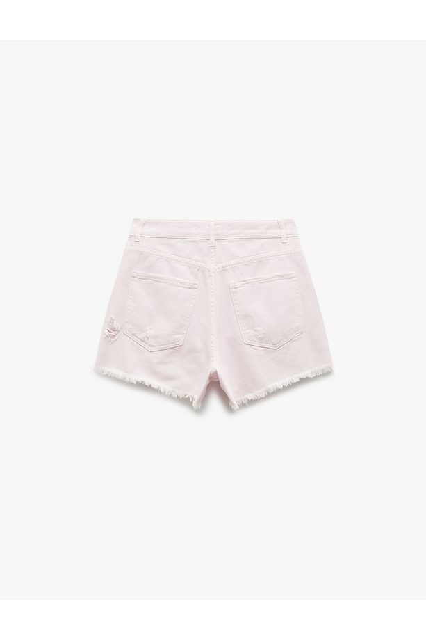 Normal Bel Pamuklu Cep Detaylı Saçaklı Paça Mini Jean Şort - 5