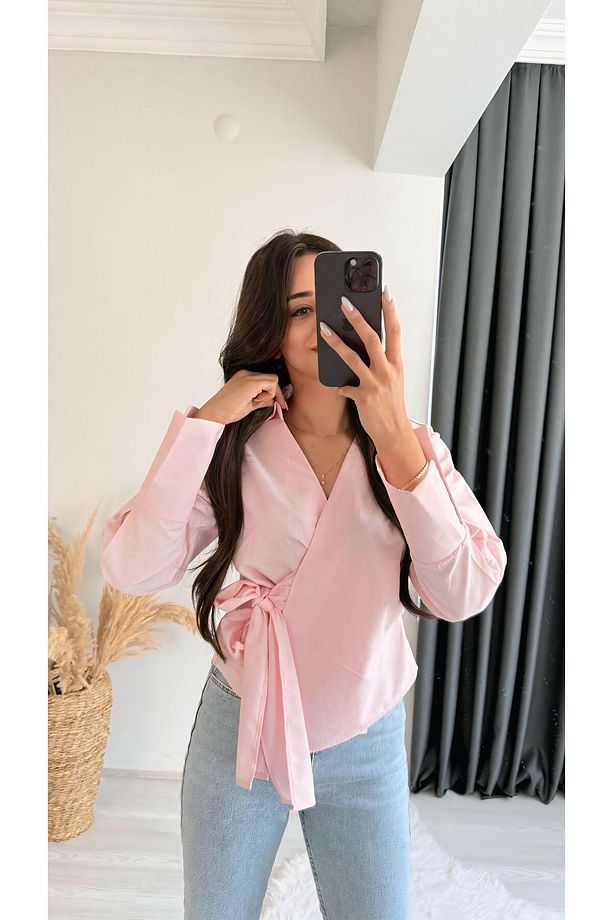 Ruffle Pembe Kruvaze Bağlamalı Gömlek - 2