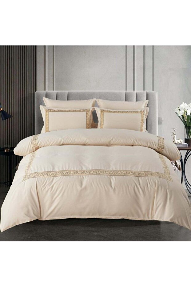 6pc Embroidered Premium Quality Pure Cotton King Size Comforter Set Beige 44