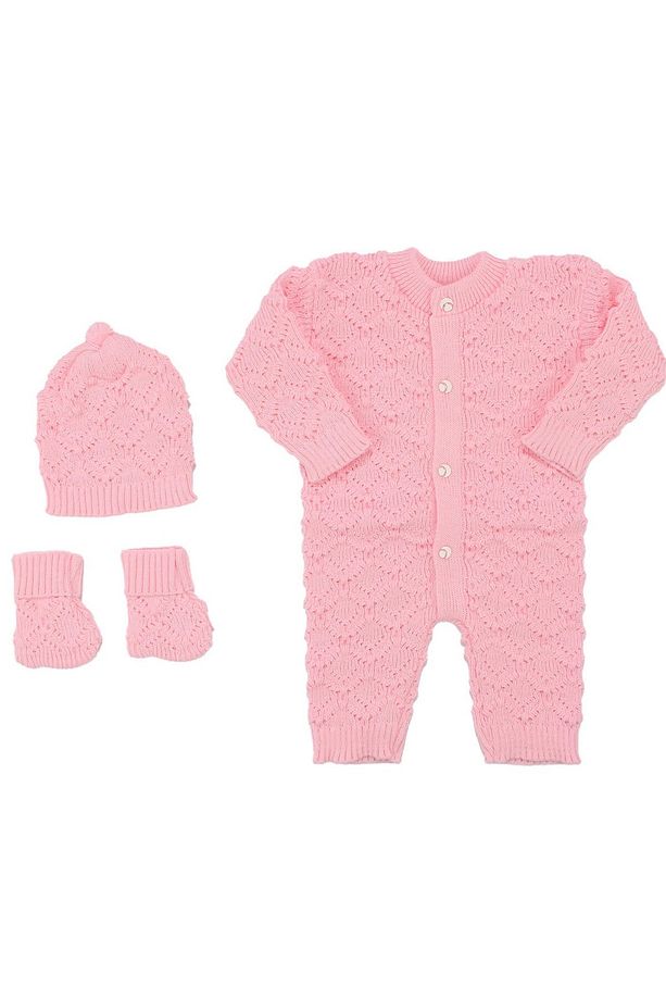 Pembe , Bereli Triko Kız Bebek Tulumu - 5