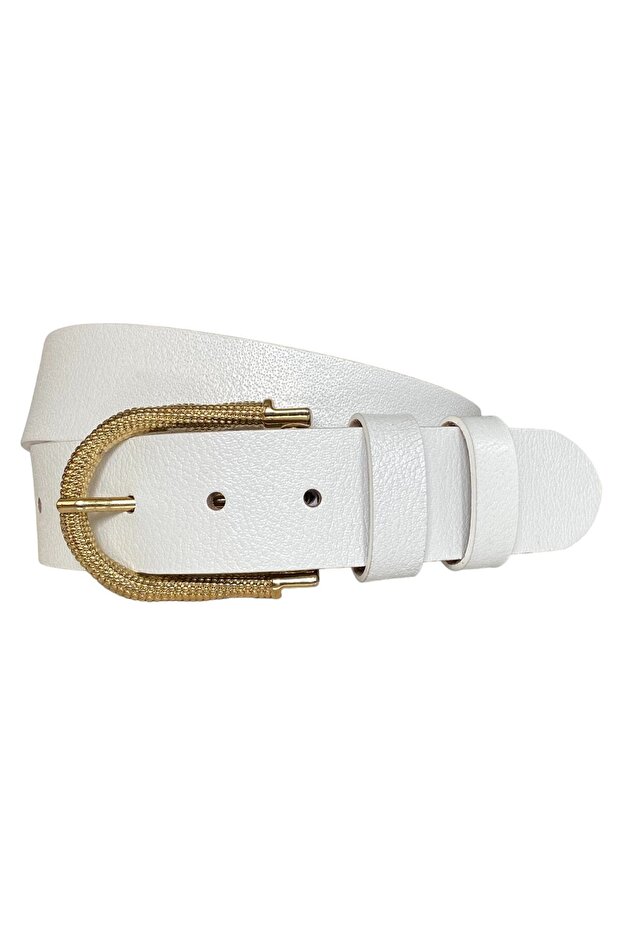 100% Genuine Leather, White Women's Jeans with Gold Buckle, Sports Belt 4 Cm=an-byn-12