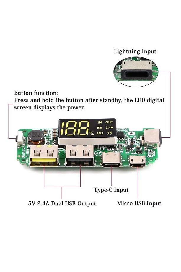 Powerbank Devresi Ekranlı 5V 2.4A Dual Usb Çıkış Type C Micro Usb Giriş Lityum Lion 18650 Pil Şarj - 5