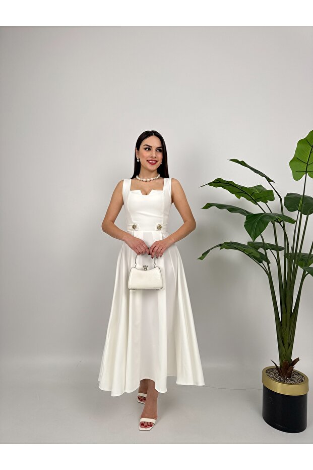 Zarif Beyaz Midi Elbise – Kare Yaka ve İnci Detaylı - 1
