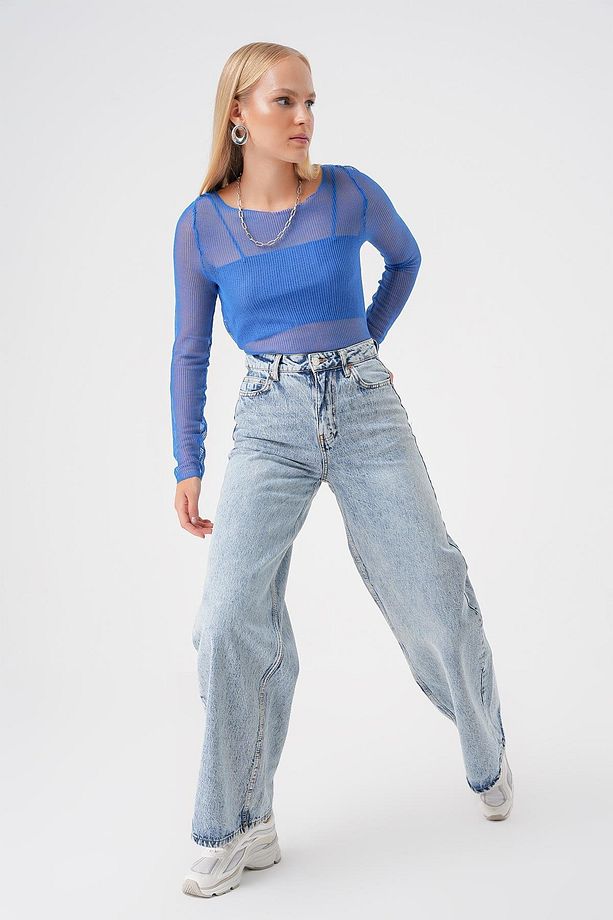 Açık Mavi Yuksek Bel Wide Leg Jean - 2