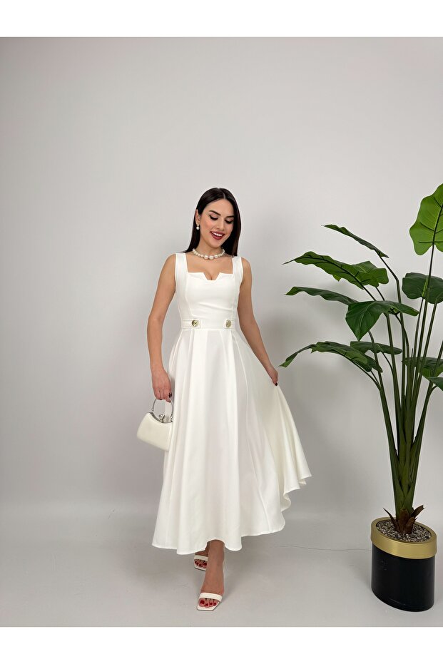 Zarif Beyaz Midi Elbise – Kare Yaka ve İnci Detaylı - 7
