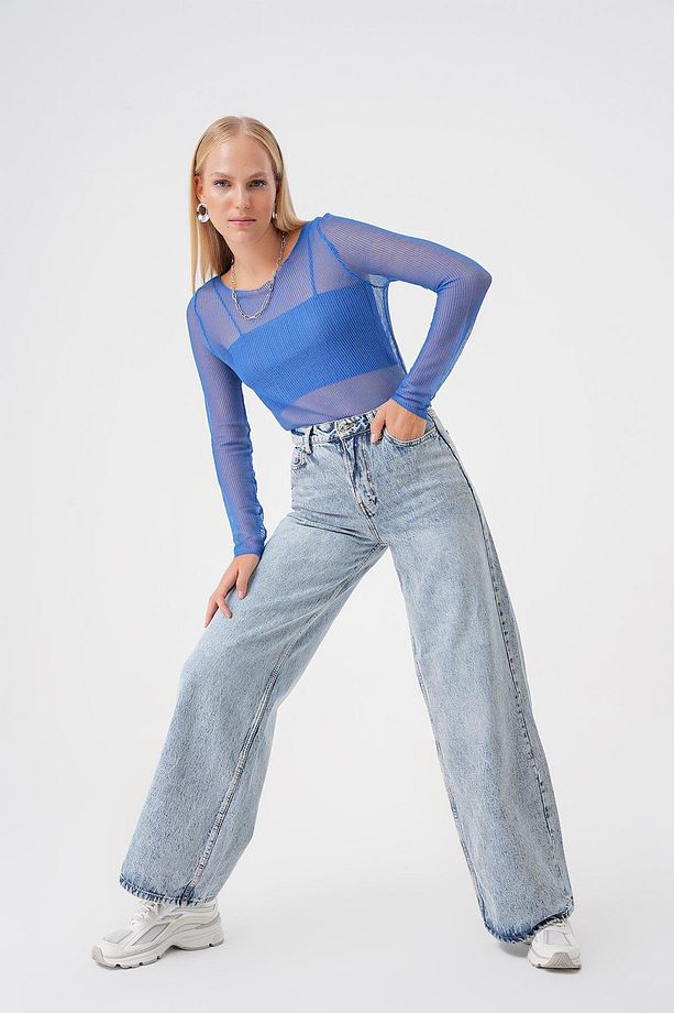 Açık Mavi Yuksek Bel Wide Leg Jean - 3