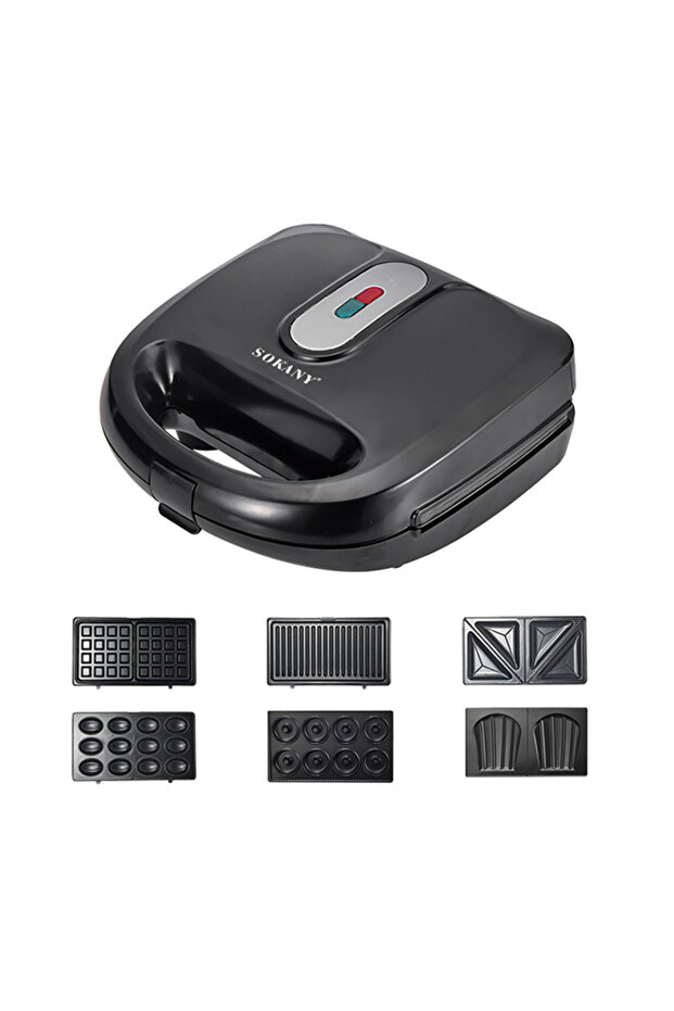 Electric Sandwich Maker 750 Watt 6 slices in 1, Donut, Nuts, Waffle, Non-stick plates, SK-908 Black