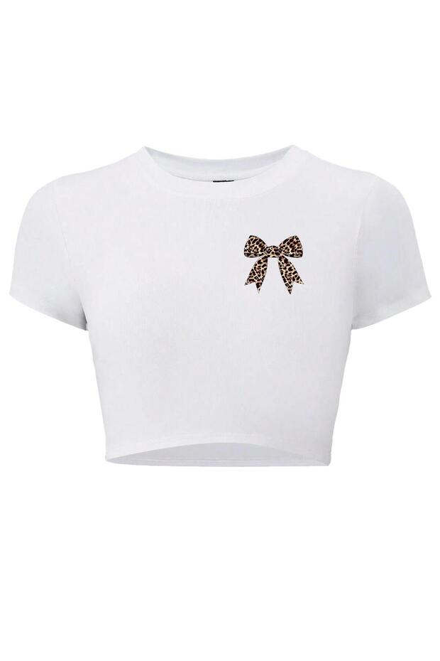 Women's Leopard Ribbon Crop T-Shirt White