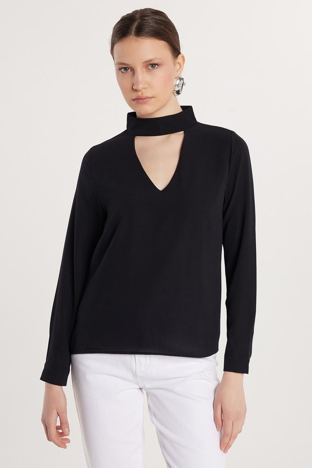 Women's Standard Fit Choker Collar Black Blouse Shirt