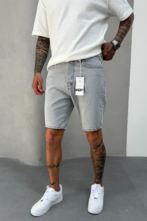 Gri Denim Kumaş Erkek Jean Kot Şort Mz467 - 2