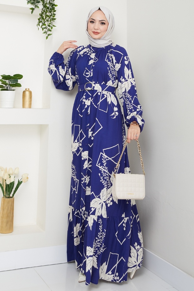 Flower and Figure Pattern Navy Blue Viscose Dress