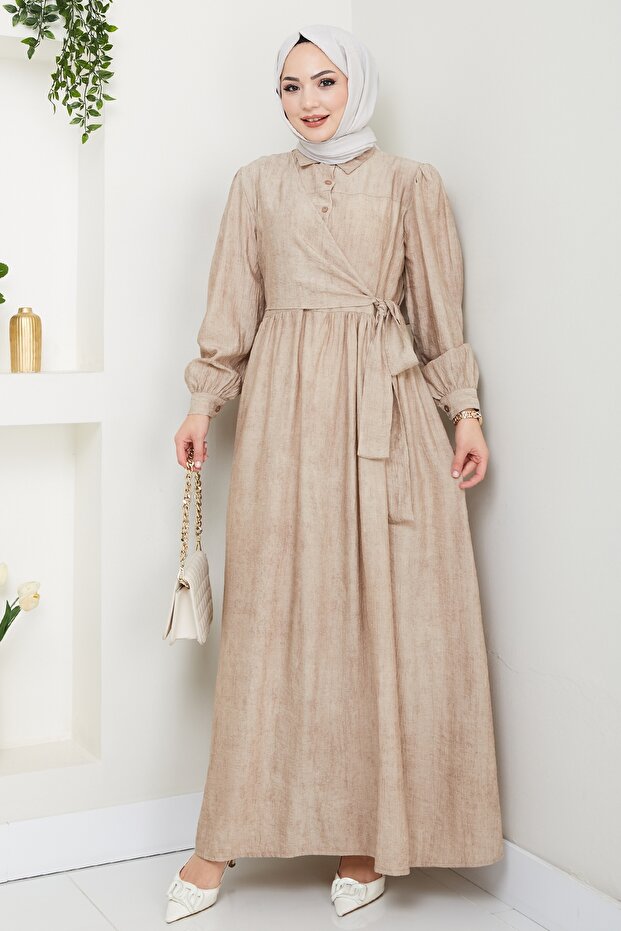 Çapraz Bağlamalı Bej Elbise - 1