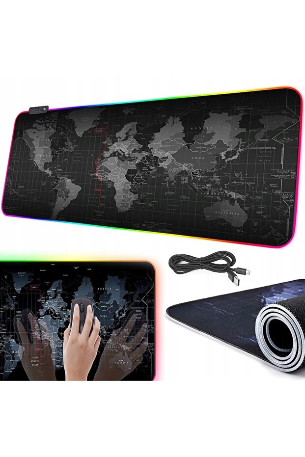 Mouse pad, Map of the World, with coloured LED, 7 colours, 4 lighting modes, non-slip, 80x30 cm - 2