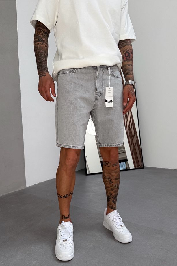 Gri Denim Kumaş Erkek Jean Kot Şort Mz467 - 4