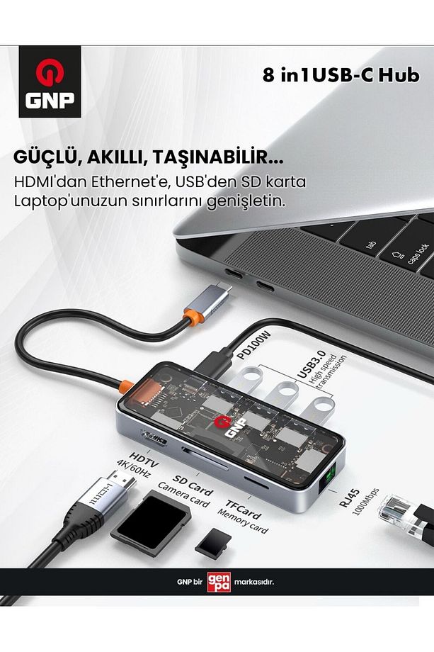 8in1 Usb Type-c Hub Port Adaptör Hdmı 4K Usb Ethernet Pd Girişli Macbook Uyumlu (2 YIL GARANTİ) - 1