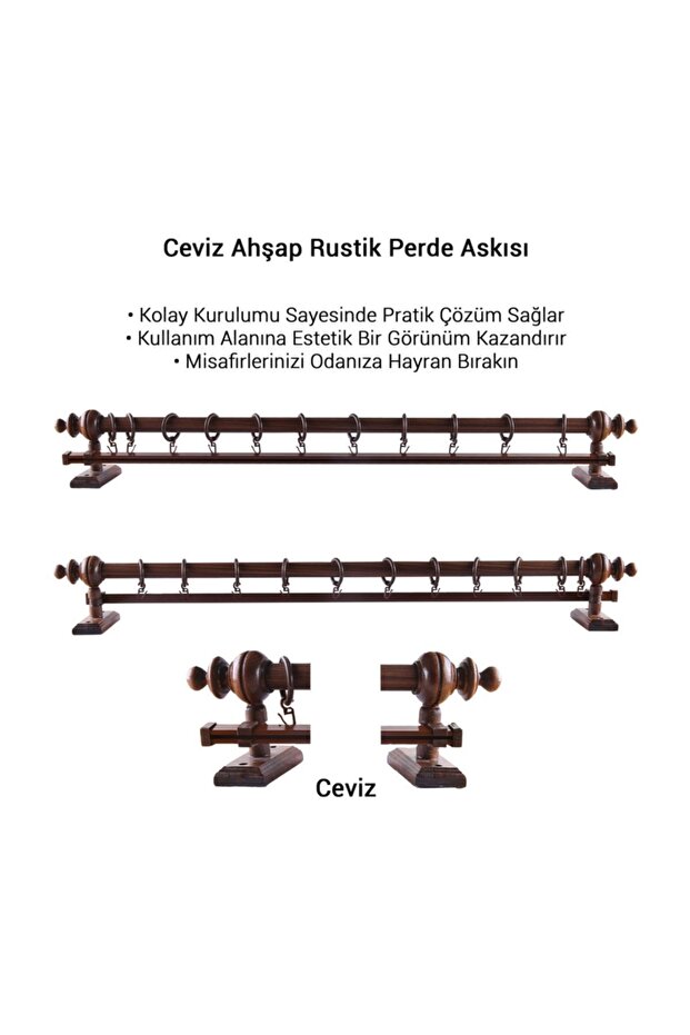 Ceviz Ahşap Rustik Perde Askısı - Raylı Rustik Borusu 225 Cm - 3
