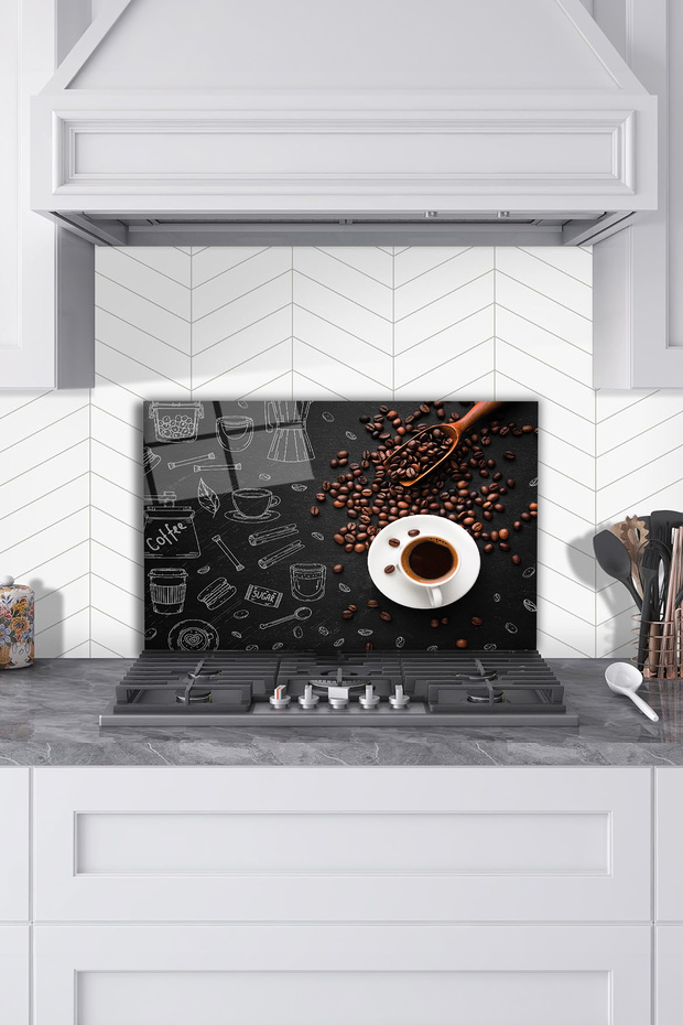 Coffee Beans Glass Stove Back Protector, Kitchen Built-In and Countertop Protection, with Tempered and Rodage