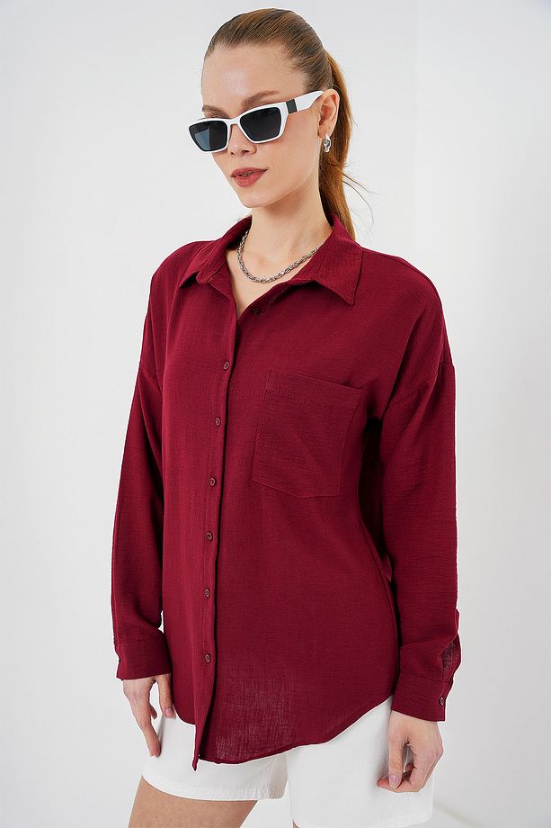 20153 Tek Cepli Oversize Keten Gömlek - Bordo - 3
