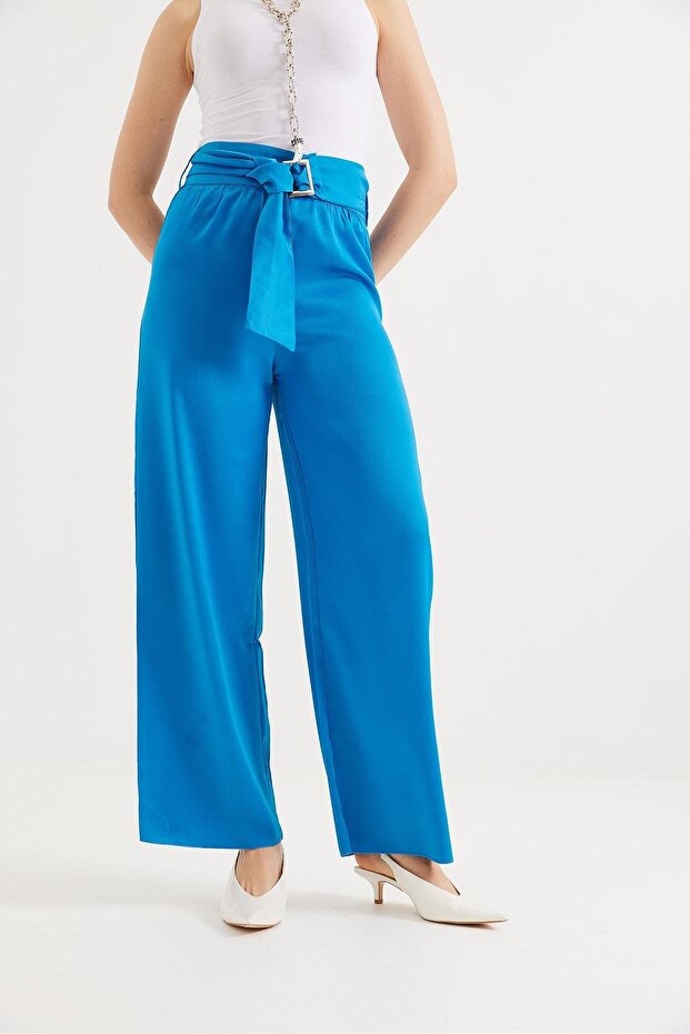Belted High Waist Flared Trousers Blue