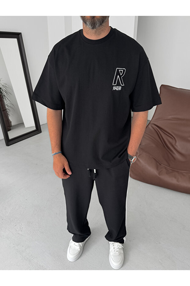 Siyah Creative Nakışlı Oversize T-Shirt RES-5245 - 4