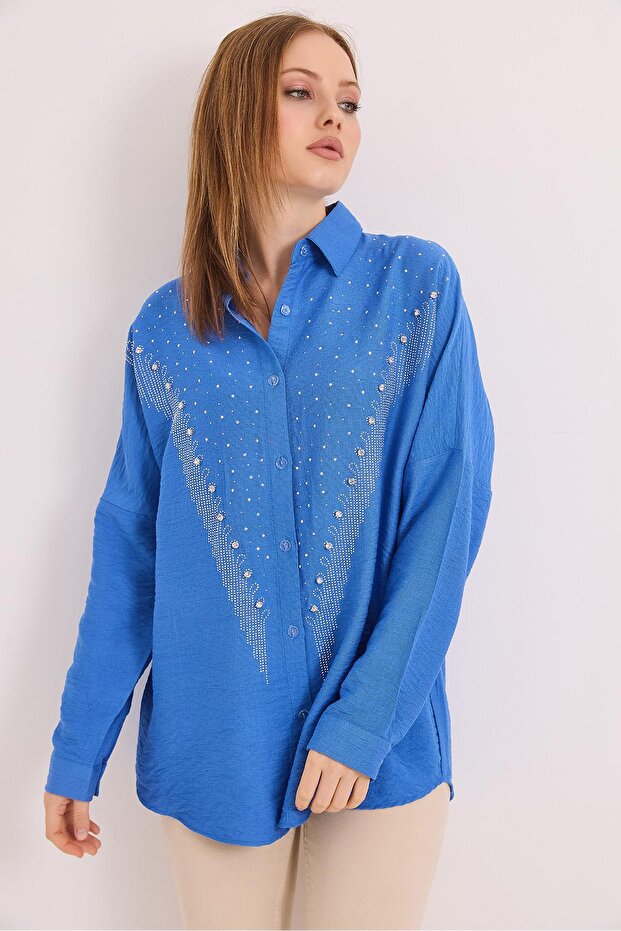 Stone Embroidered Comfortable Fit Linen Shirt Cobalt Blue